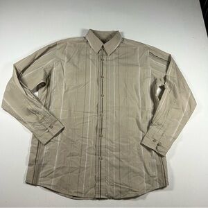 VTG Y2K Anchor Blue Mens L Striped Cotton Short Sleeve Button-Up Shirt Beige